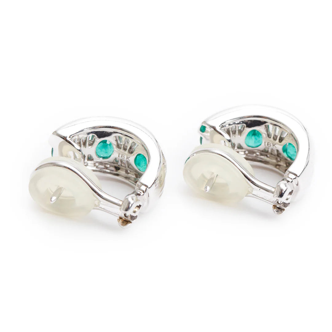 18k White Gold Emerald &amp; Diamond Huggie Earrings