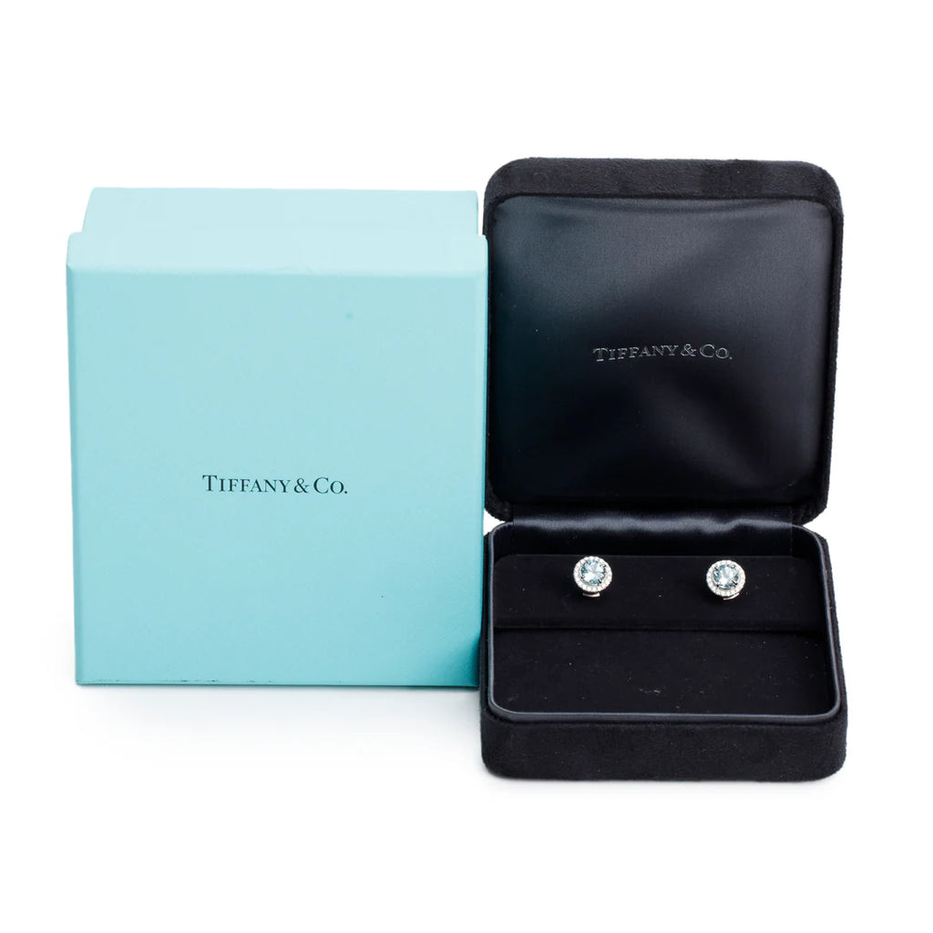 Platinum 6 MM Aquamarine &amp; Diamond Soleste Stud Earrings w/ Box