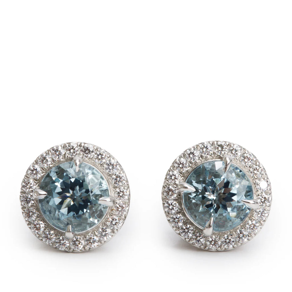 Platinum 6 MM Aquamarine &amp; Diamond Soleste Stud Earrings w/ Box