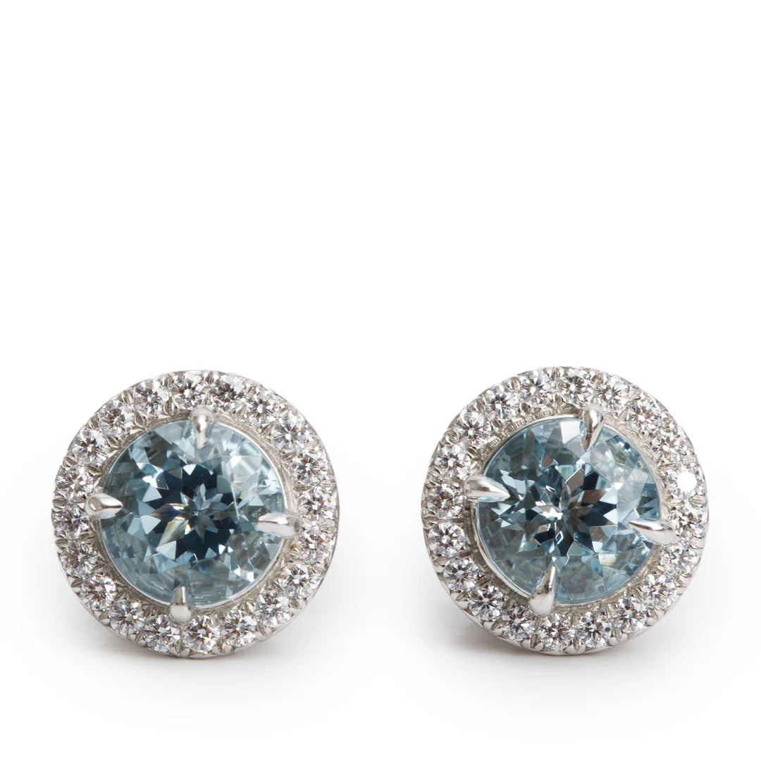 Platinum 6 MM Aquamarine &amp; Diamond Soleste Stud Earrings w/ Box