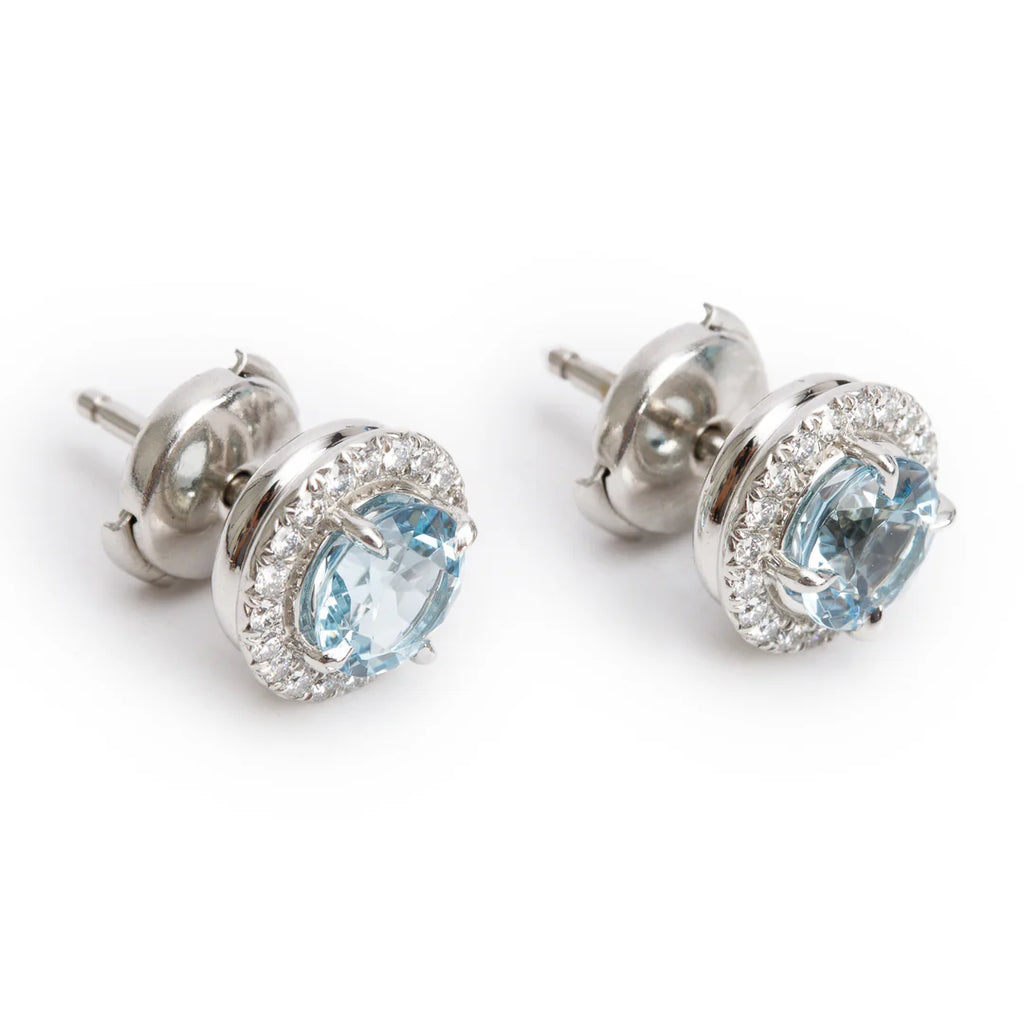 Platinum 6 MM Aquamarine &amp; Diamond Soleste Stud Earrings w/ Box