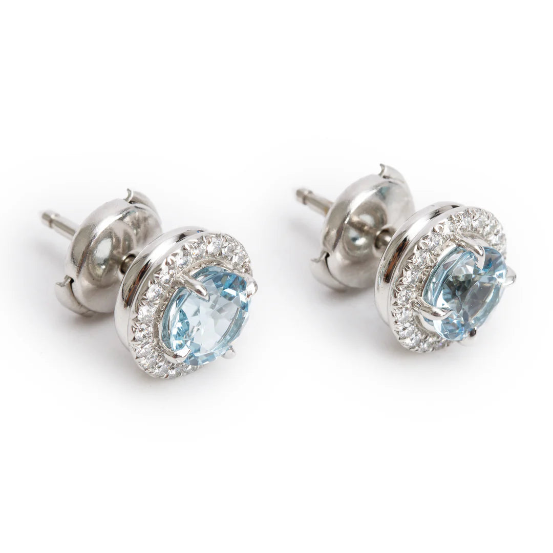 Platinum 6 MM Aquamarine &amp; Diamond Soleste Stud Earrings w/ Box