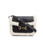 Black Leather Shearling Trim Horsebit 1955 Small Shoulder Bag