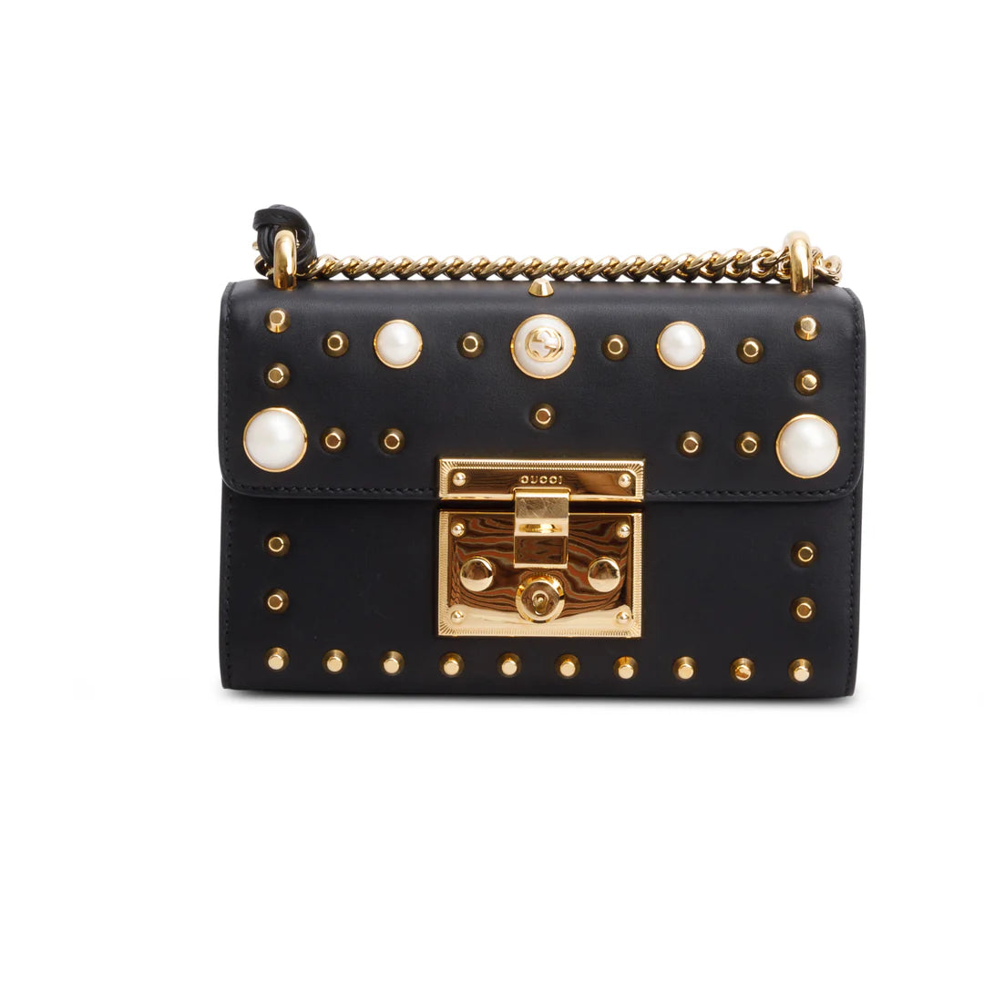 Black Calfskin Studded Small Padlock Shoulder Bag