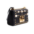 Black Calfskin Studded Small Padlock Shoulder Bag
