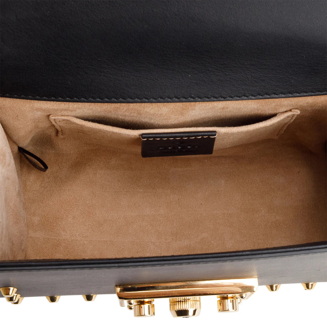 Black Calfskin Studded Small Padlock Shoulder Bag