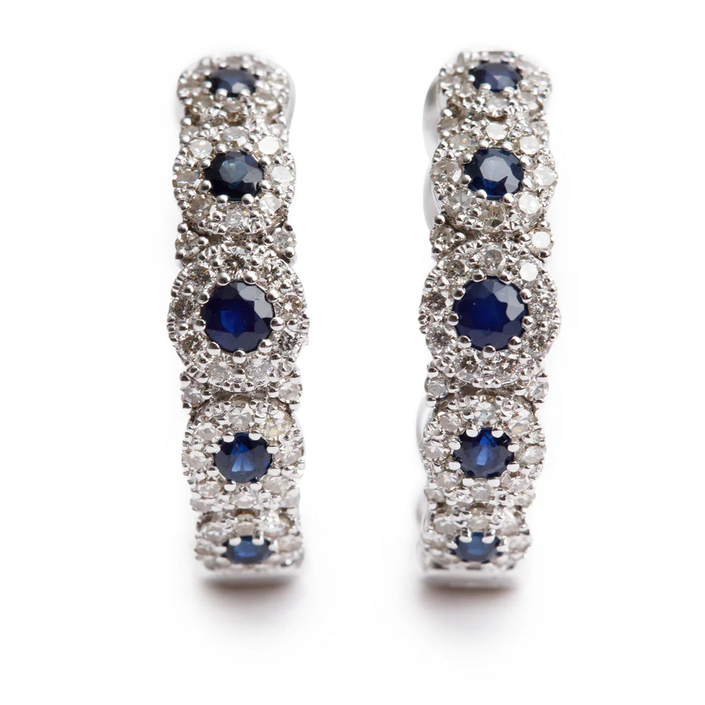 14k White Gold Blue Sapphire &amp; Diamond Hoop Earrings