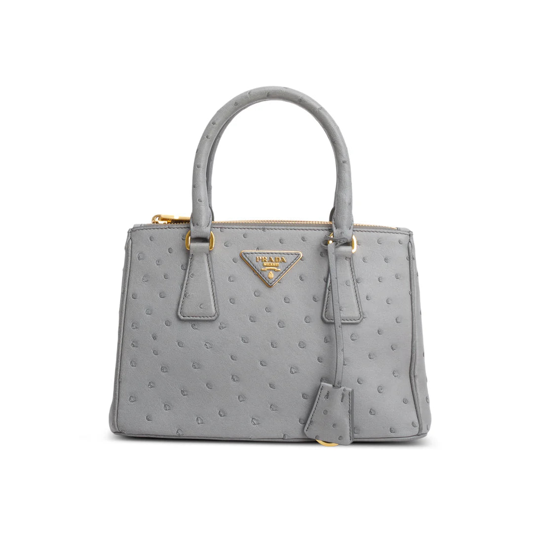 Grey Ostrich Leather Small Double Zip Galleria