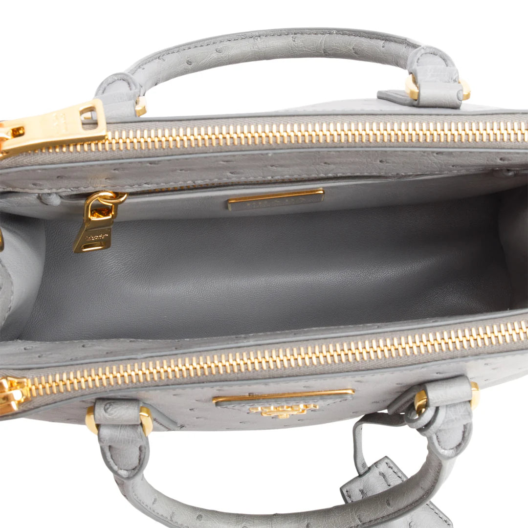 Grey Ostrich Leather Small Double Zip Galleria