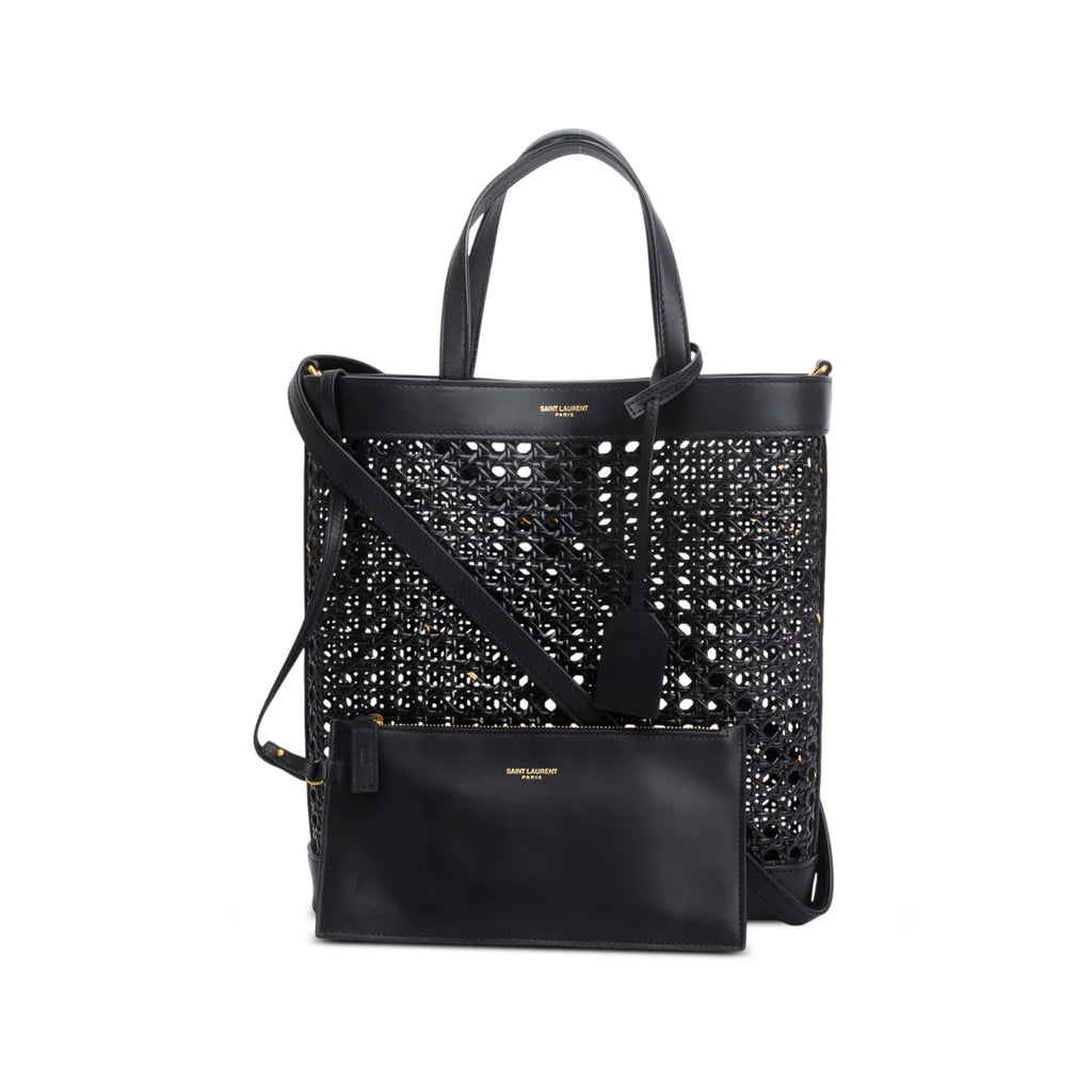2021 Black Woven Cane Calfskin Toy N/S Shopping Tote w/ Pouch &amp; Strap