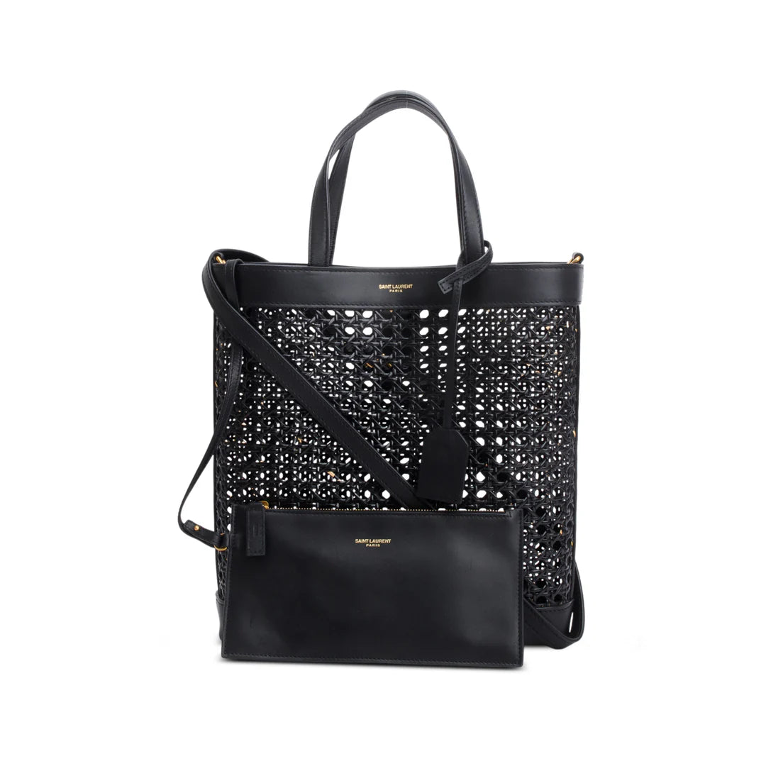 2021 Black Woven Cane Calfskin Toy N/S Shopping Tote w/ Pouch &amp; Strap