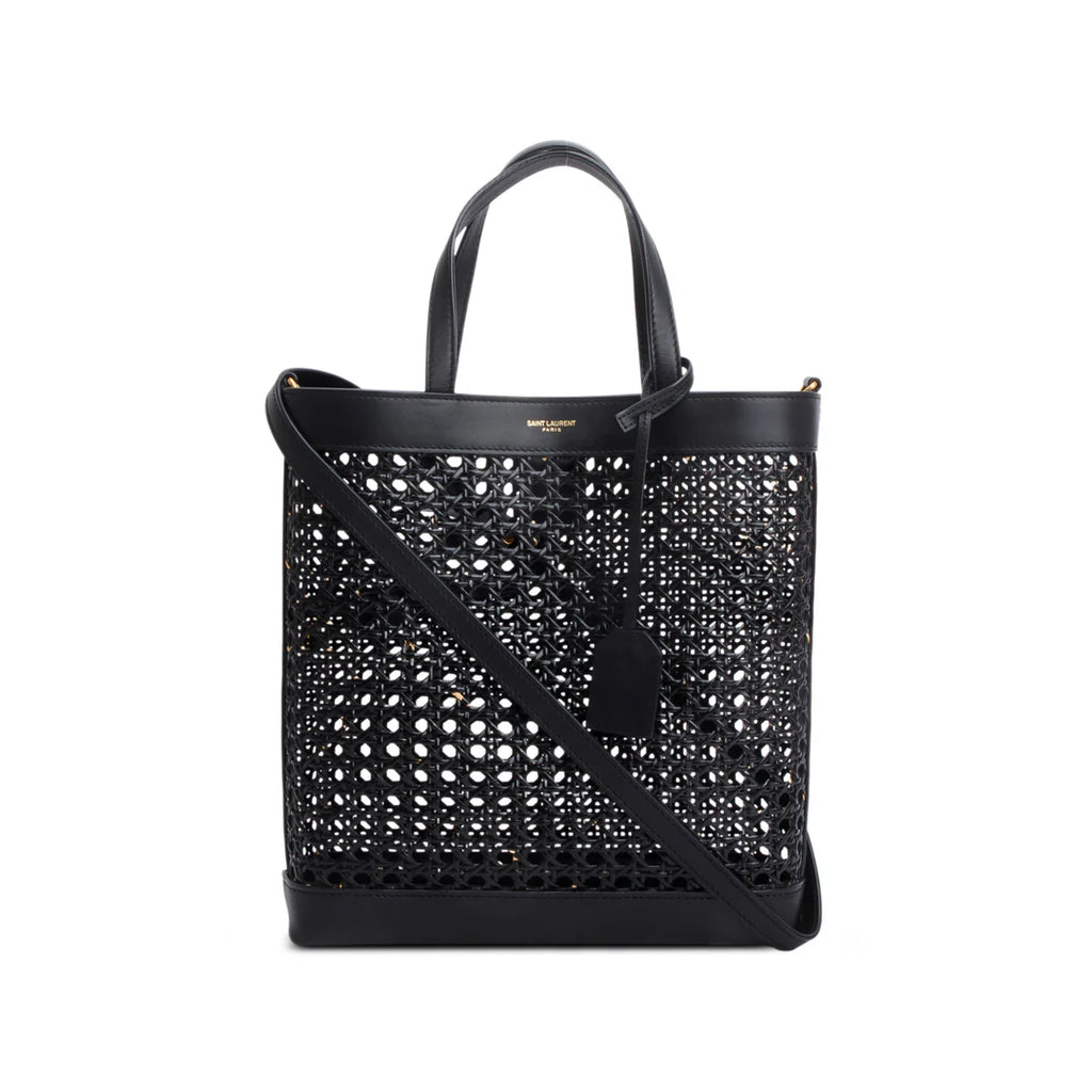 2021 Black Woven Cane Calfskin Toy N/S Shopping Tote w/ Pouch &amp; Strap