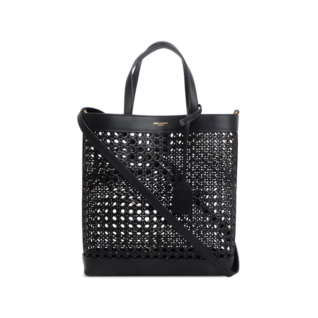 2021 Black Woven Cane Calfskin Toy N/S Shopping Tote w/ Pouch &amp; Strap