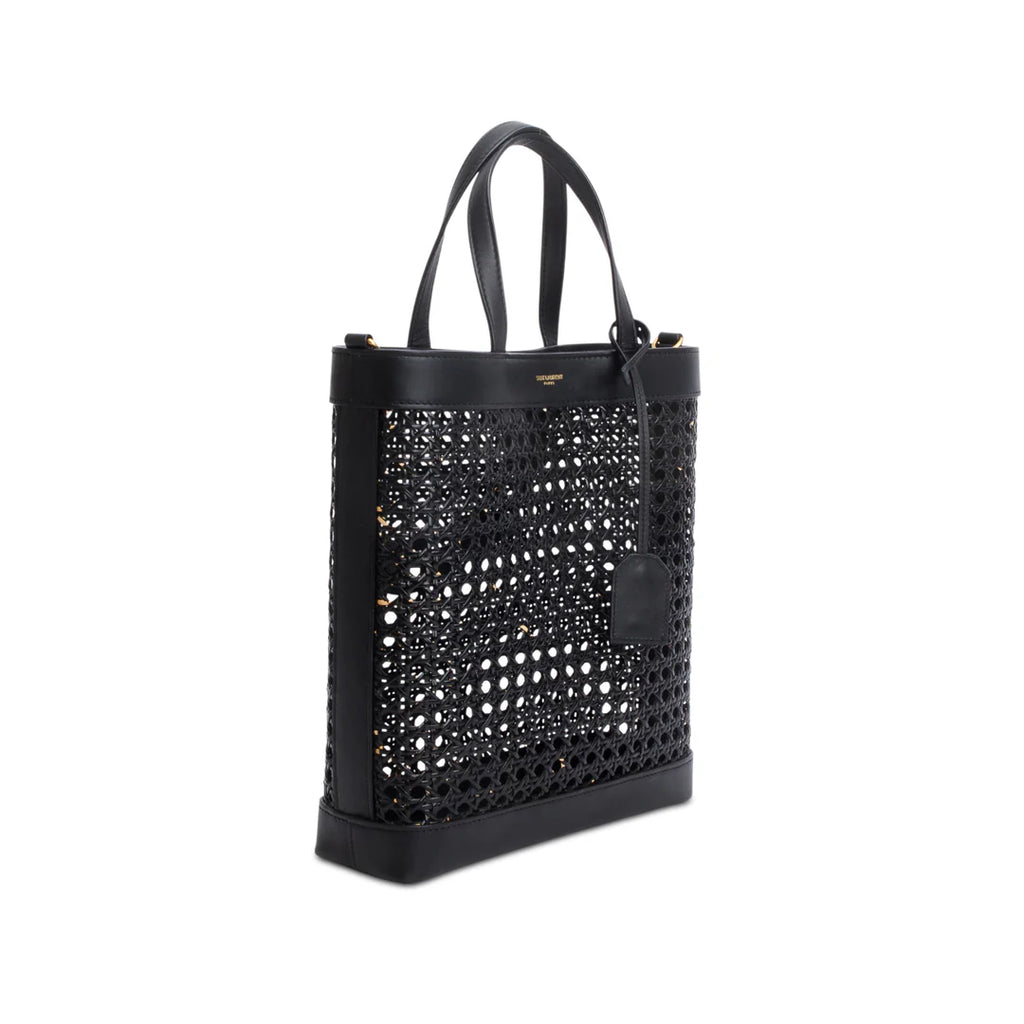 2021 Black Woven Cane Calfskin Toy N/S Shopping Tote w/ Pouch &amp; Strap