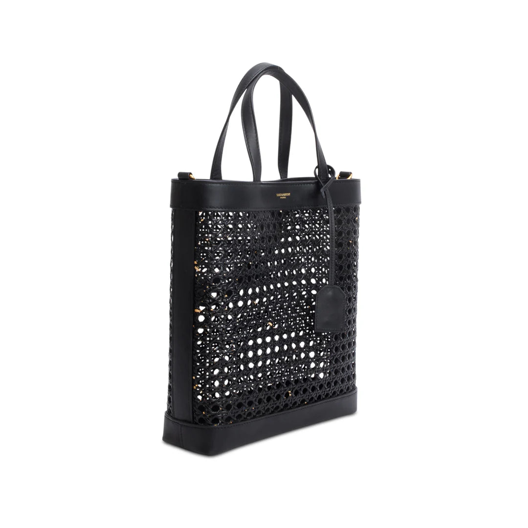 2021 Black Woven Cane Calfskin Toy N/S Shopping Tote w/ Pouch &amp; Strap