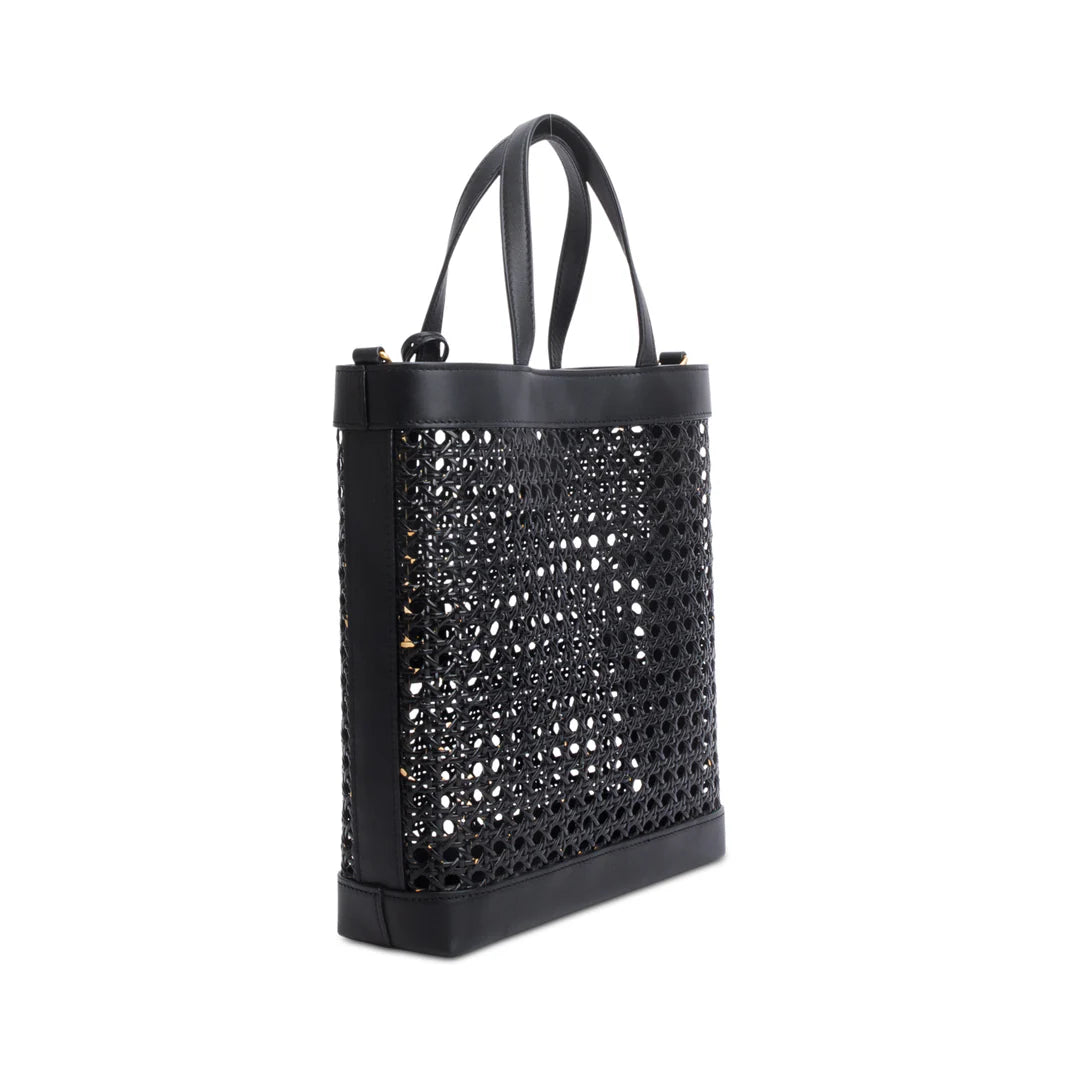 2021 Black Woven Cane Calfskin Toy N/S Shopping Tote w/ Pouch &amp; Strap