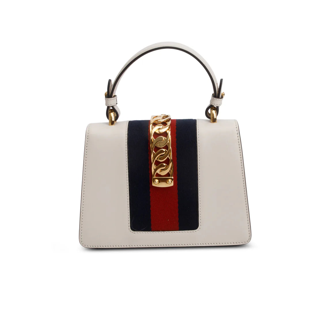 White Calfskin Embroidered Mini Sylvie Top Handle Bag w/ Strap