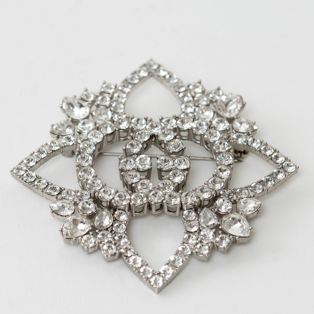 Silver Crystal GG Embellished Flower Brooch