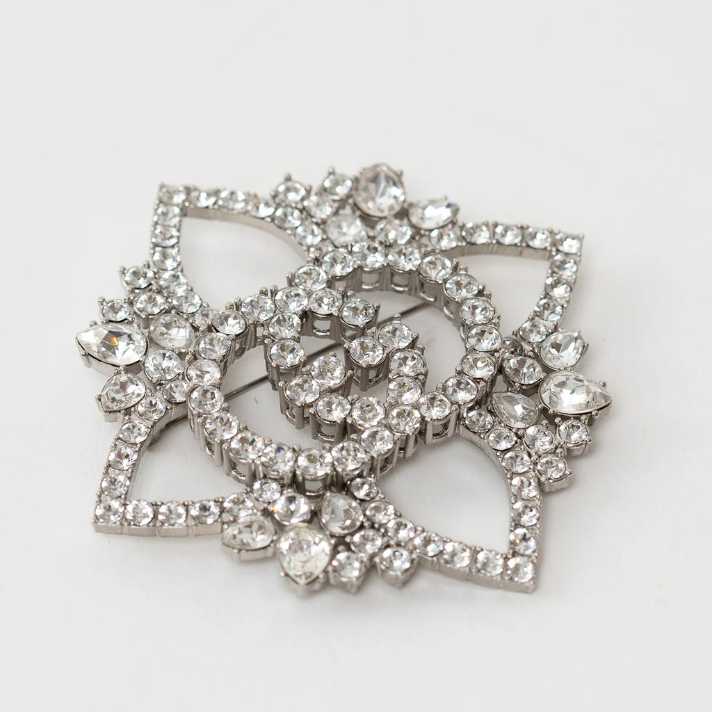 Silver Crystal GG Embellished Flower Brooch