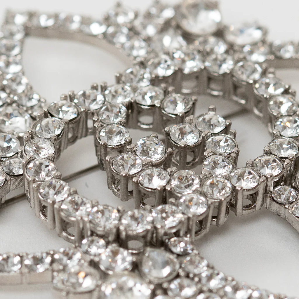 Silver Crystal GG Embellished Flower Brooch