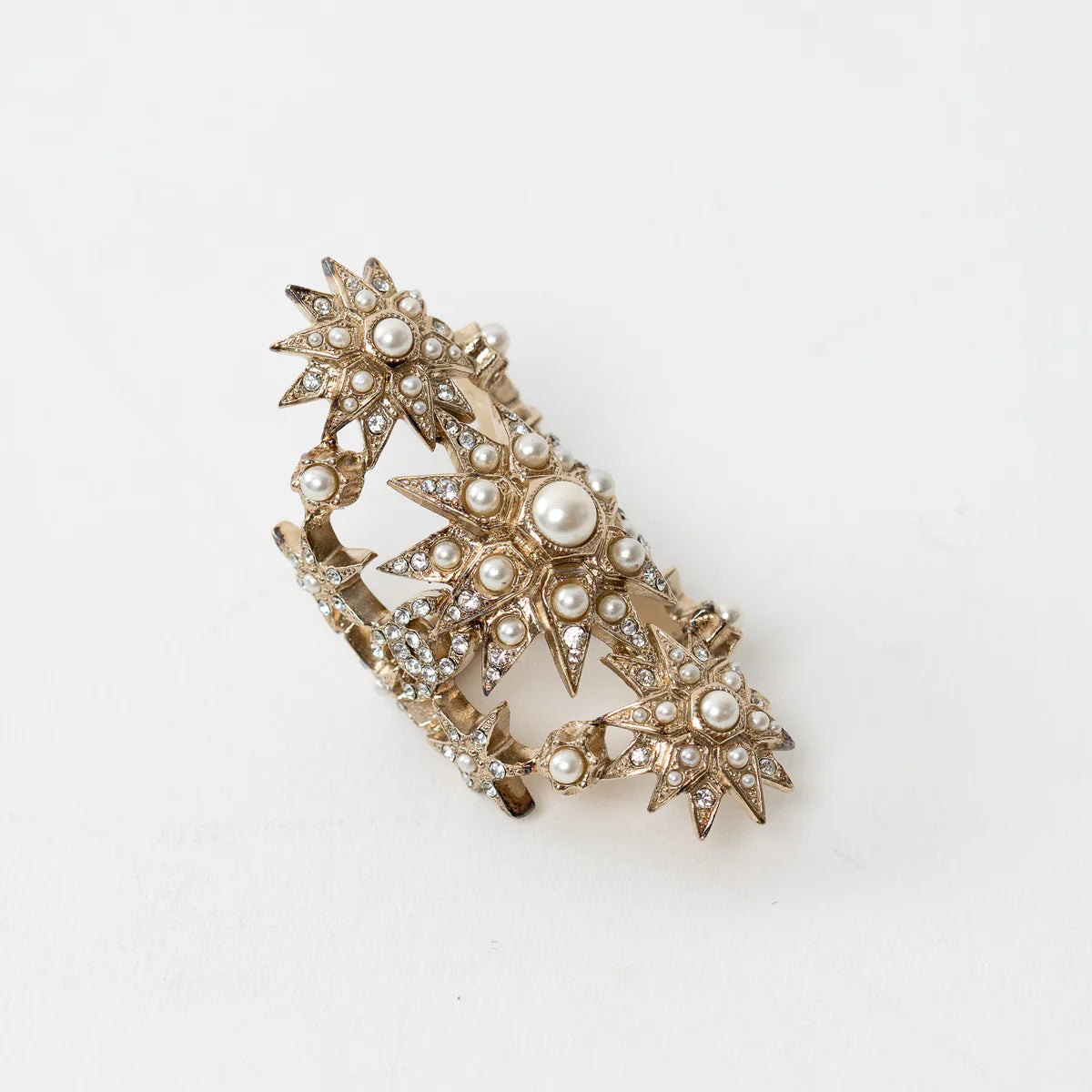 Gold Tone Faux Pearl and Crystal Embellished Multi Star Ring Size 7