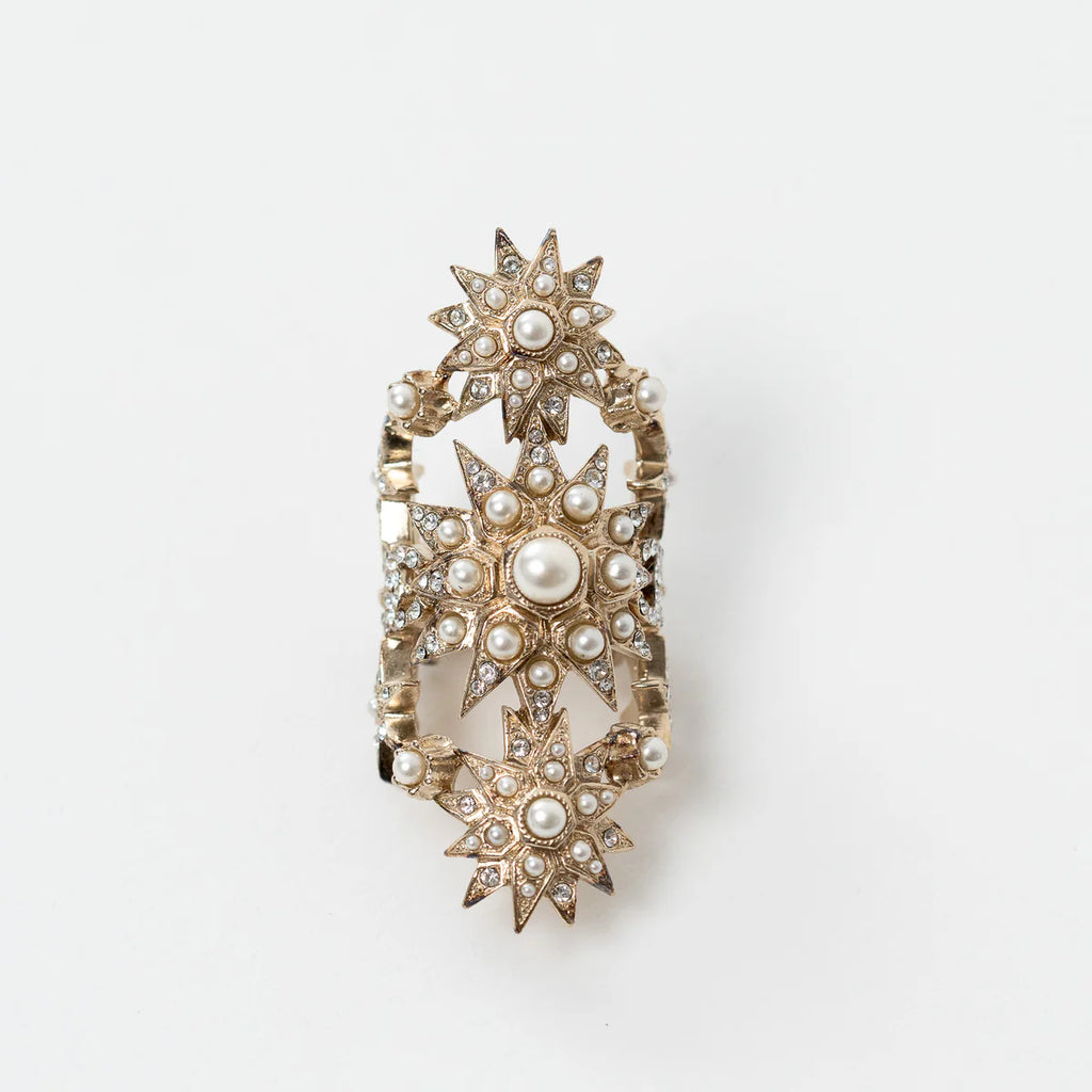 Gold Tone Faux Pearl and Crystal Embellished Multi Star Ring Size 7
