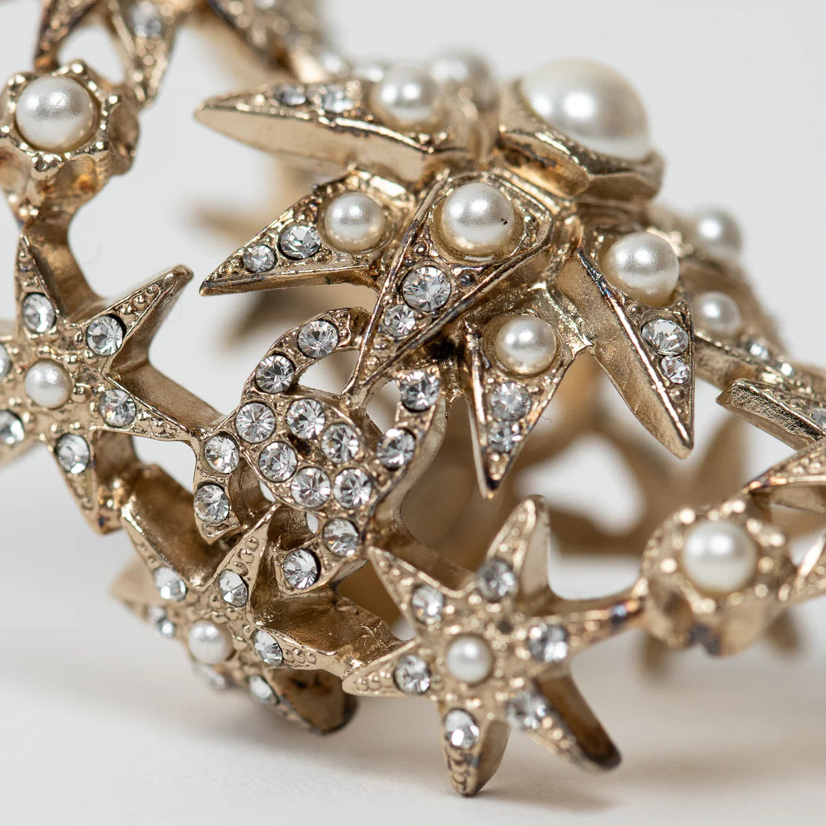 Gold Tone Faux Pearl and Crystal Embellished Multi Star Ring Size 7