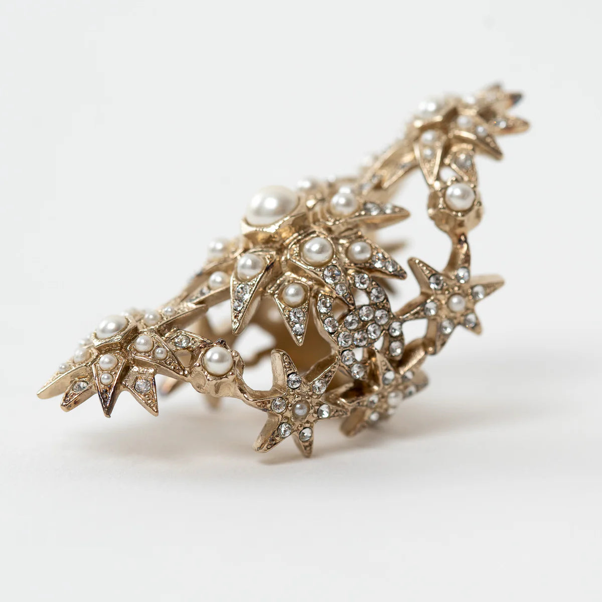 Gold Tone Faux Pearl and Crystal Embellished Multi Star Ring Size 7