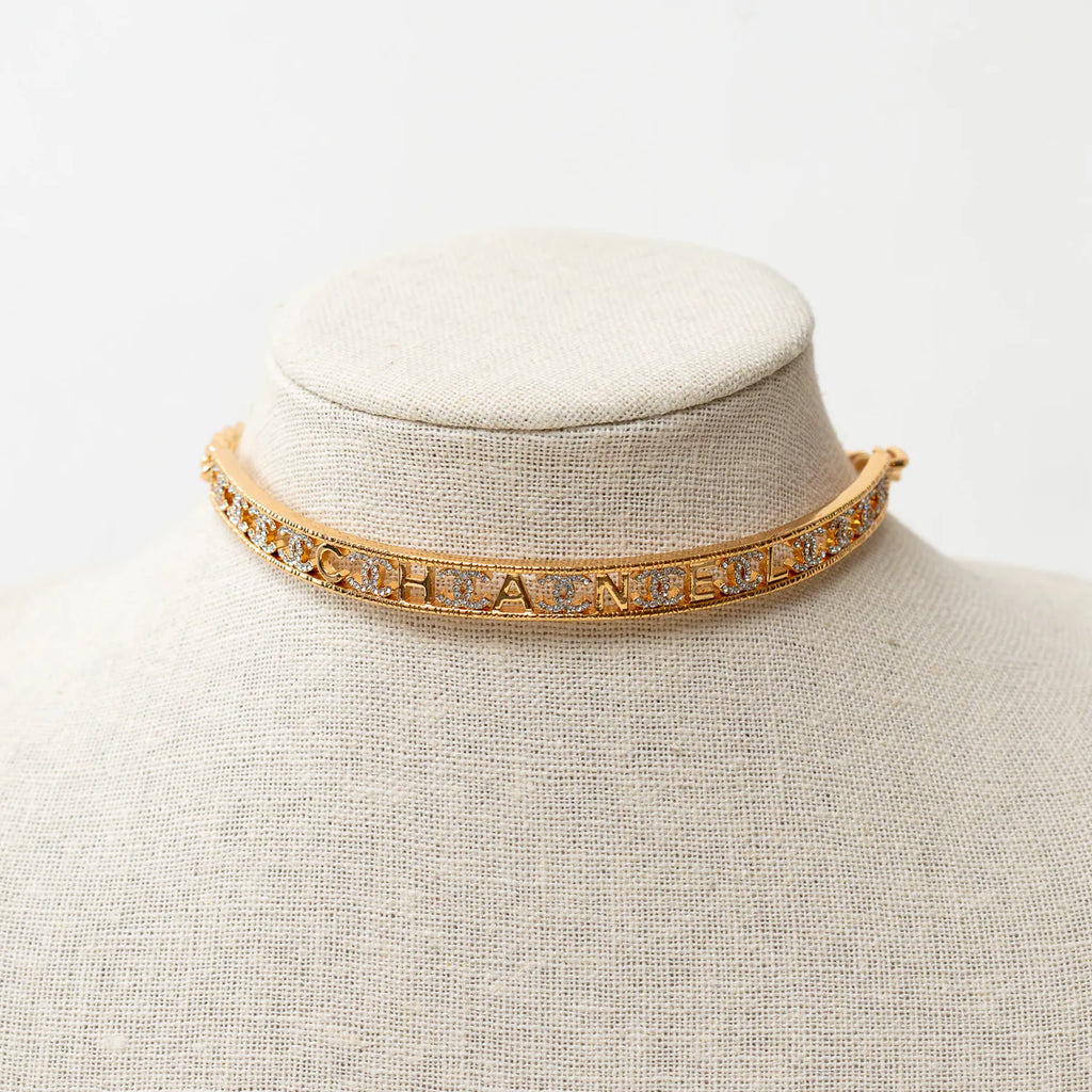 Pre-Loved Chanel™ Gold Tone Embellished Crystal Choker Necklace Coeur Cult Core