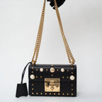 Gucci Black Leather Padlock Pearl Studded Chain Bag Coeur Cult Core