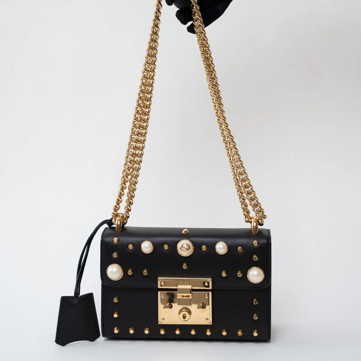Gucci Black Leather Padlock Pearl Studded Chain Bag Coeur Cult Core
