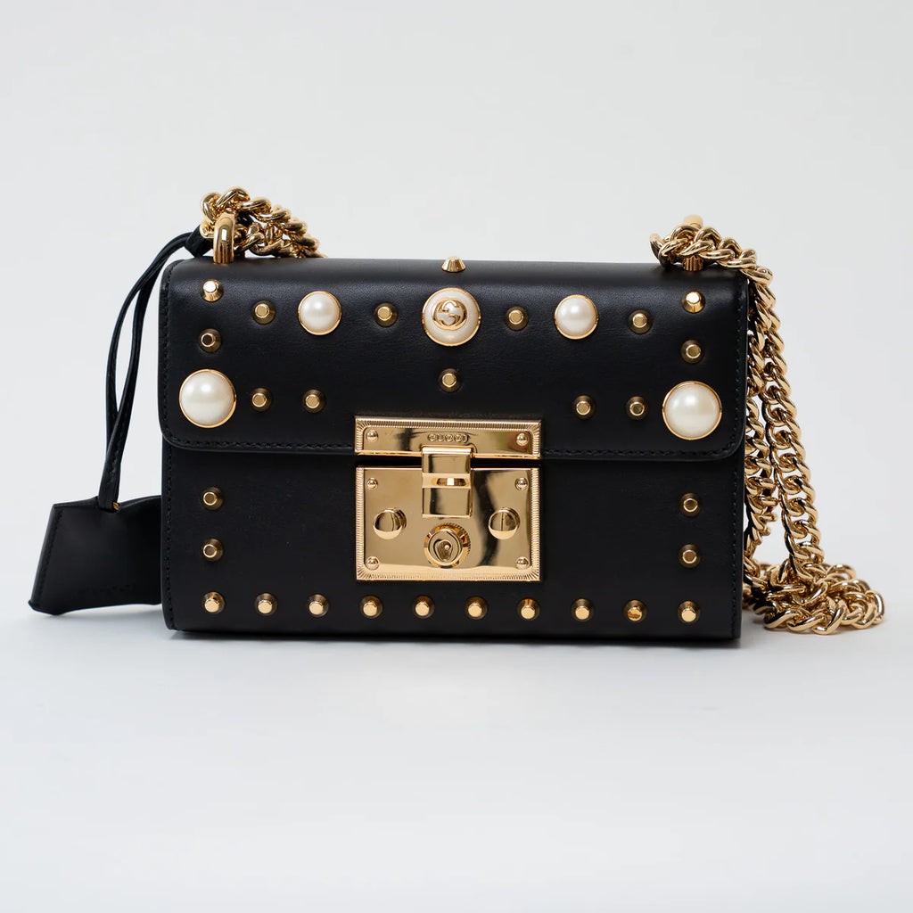 Gucci Black Leather Padlock Pearl Studded Chain Bag Coeur Cult Core