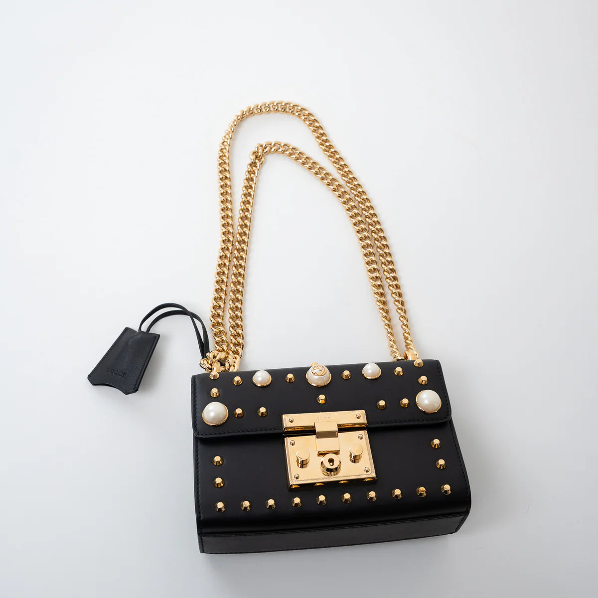 Gucci Black Leather Padlock Pearl Studded Chain Bag Coeur Cult Core