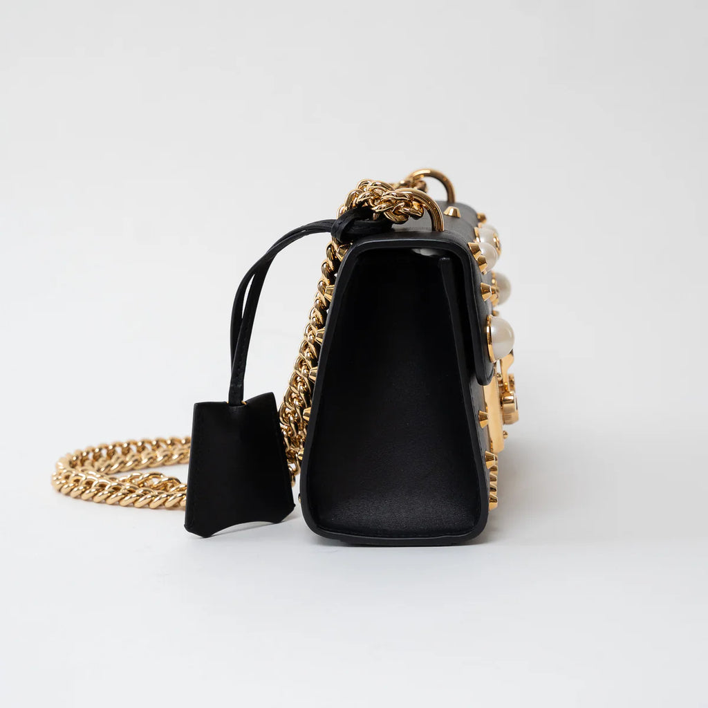Gucci Black Leather Padlock Pearl Studded Chain Bag Coeur Cult Core