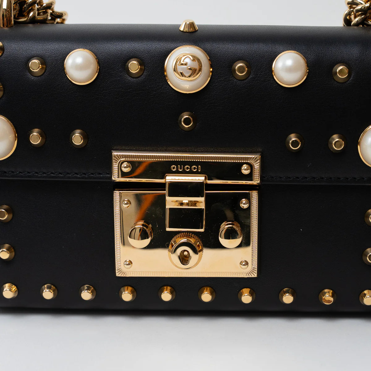 Gucci Black Leather Padlock Pearl Studded Chain Bag Coeur Cult Core