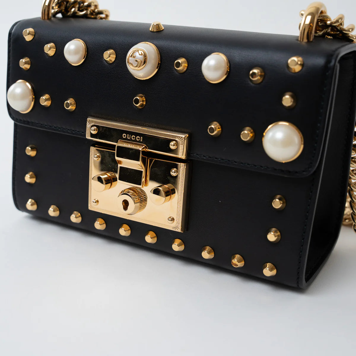 Gucci Black Leather Padlock Pearl Studded Chain Bag Coeur Cult Core