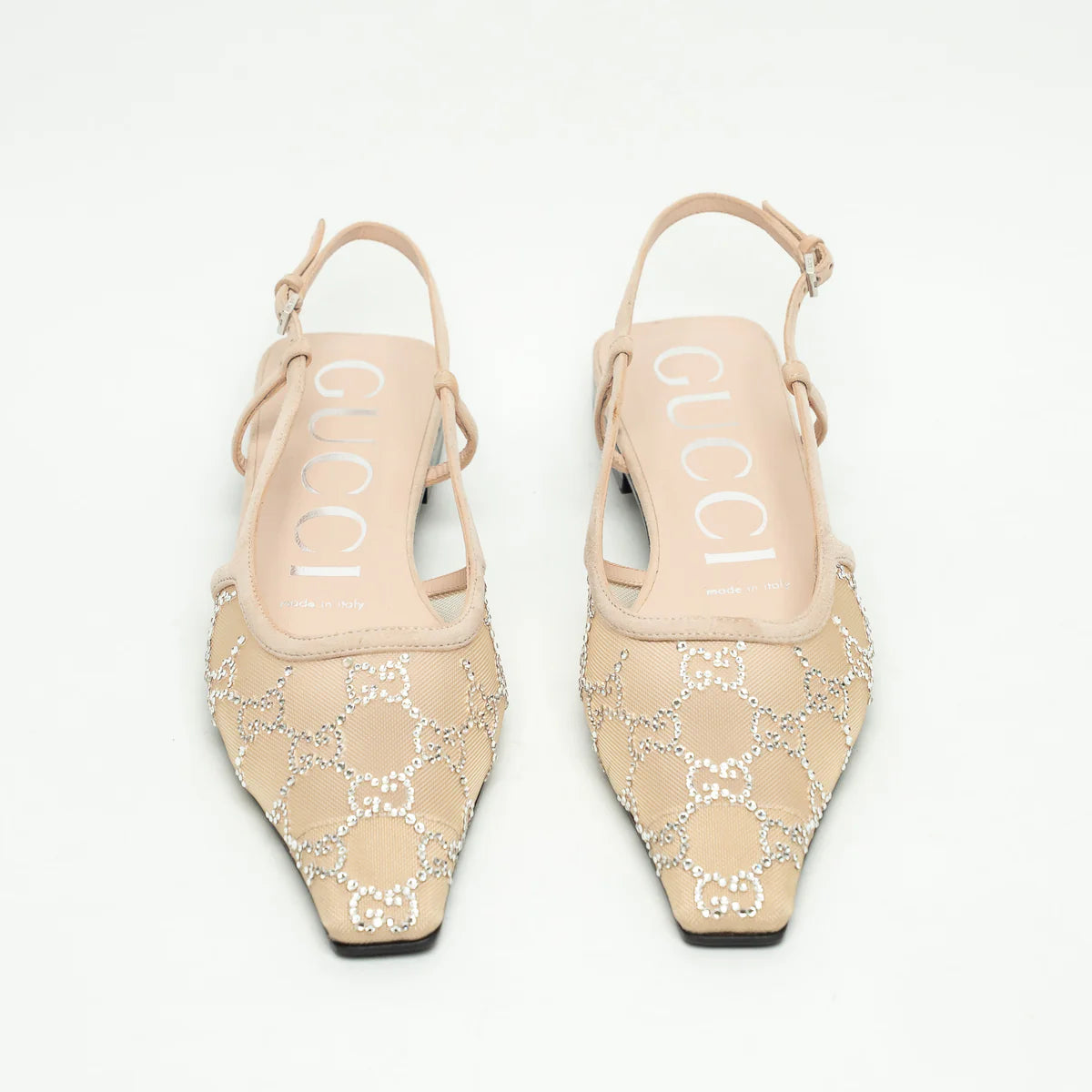 Beige Suede Mesh GG Crystal Embellished Slingback Sandals Size 36.5
