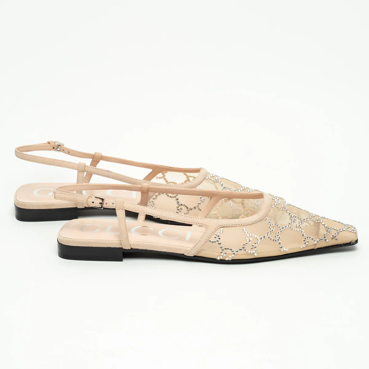 Beige Suede Mesh GG Crystal Embellished Slingback Sandals Size 36.5