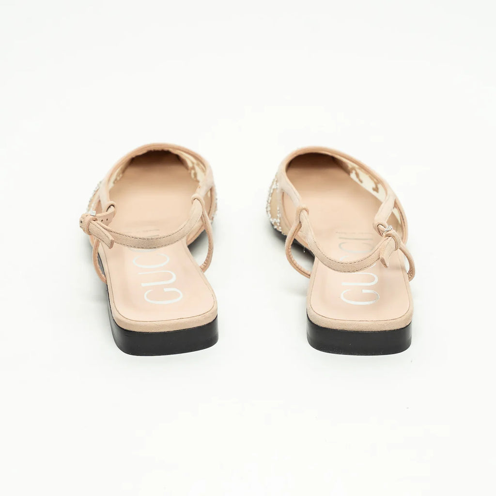 Beige Suede Mesh GG Crystal Embellished Slingback Sandals Size 36.5