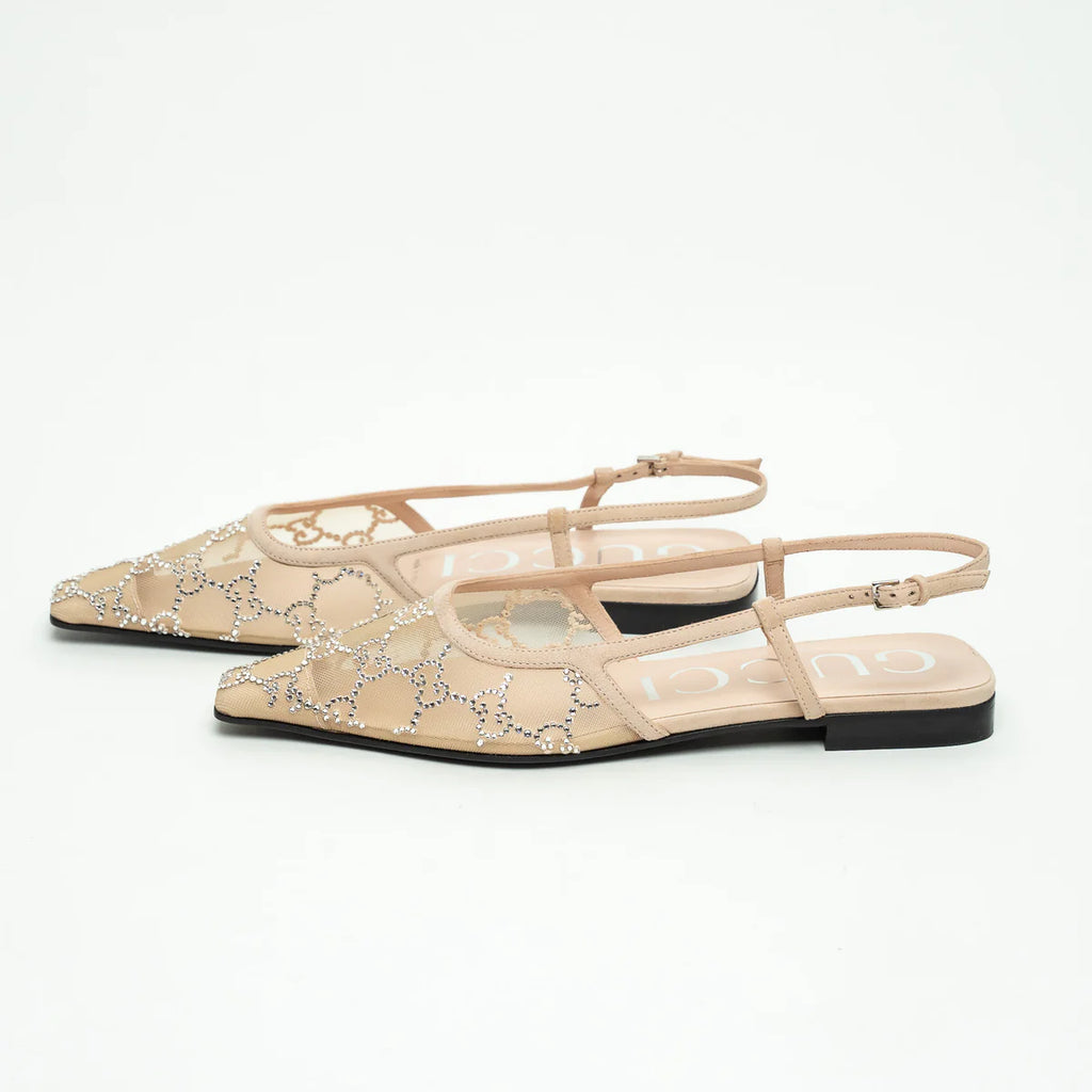 Beige Suede Mesh GG Crystal Embellished Slingback Sandals Size 36.5