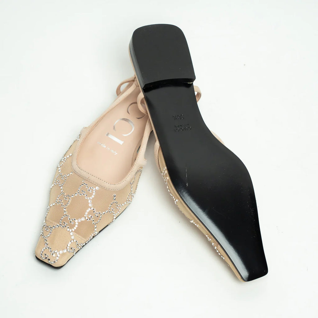 Beige Suede Mesh GG Crystal Embellished Slingback Sandals Size 36.5