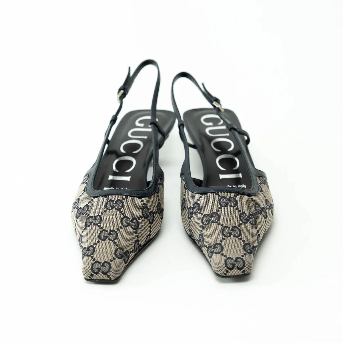 Gucci Monogram Sling Back Kitten Heels Size 36.5 Coeur Cult Core