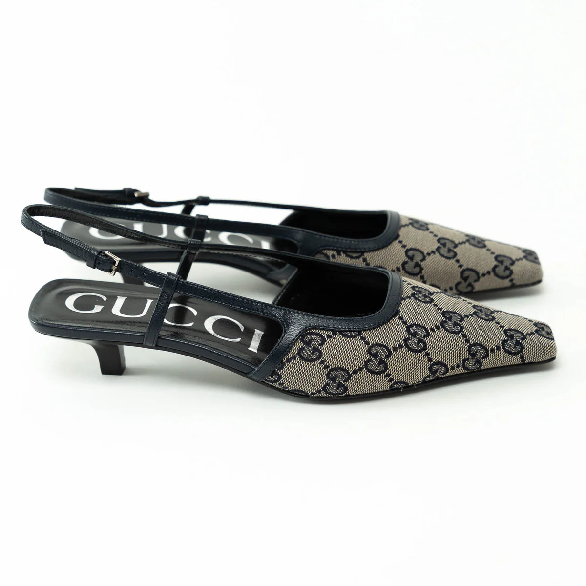 Gucci Monogram Sling Back Kitten Heels Size 36.5 Coeur Cult Core