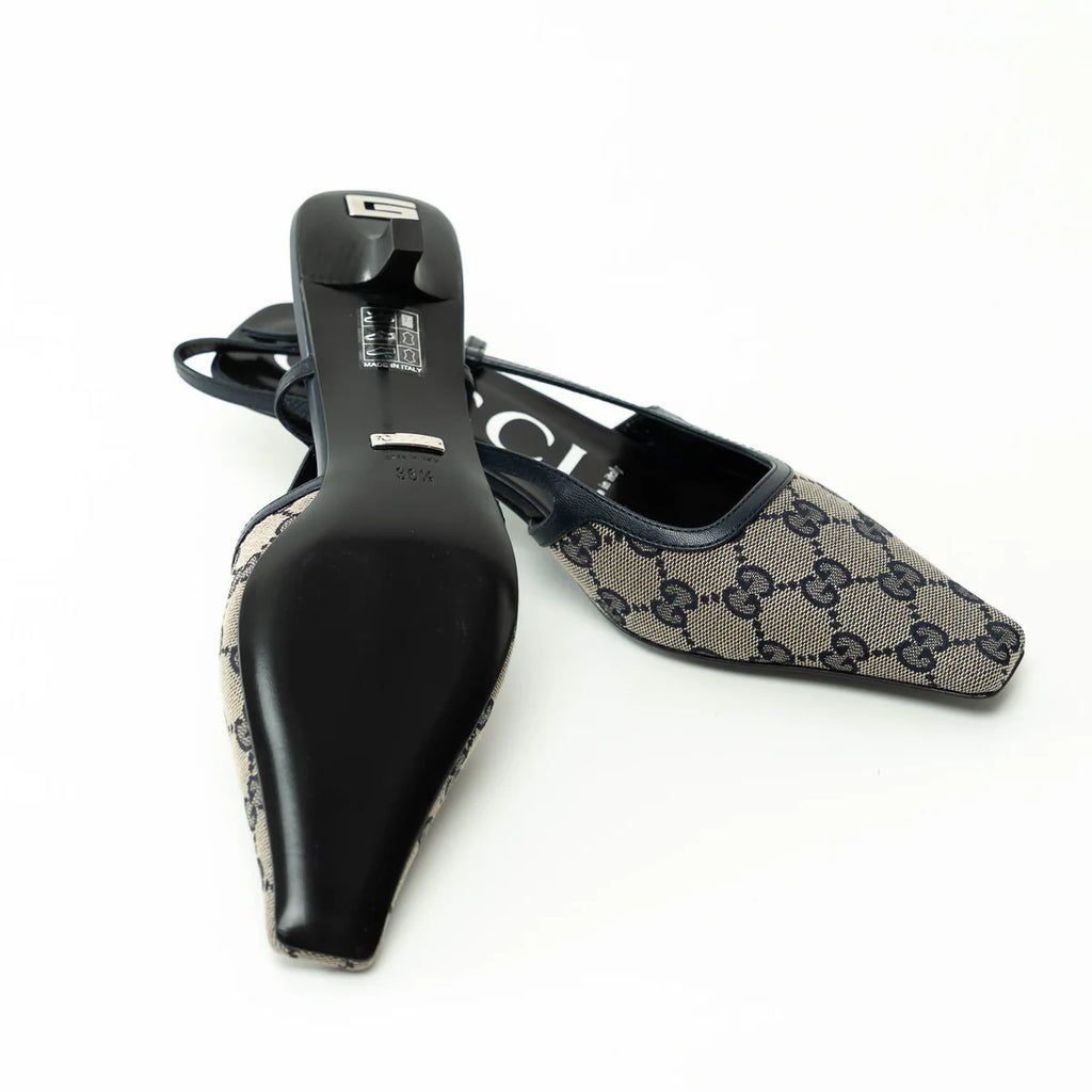 Gucci Monogram Sling Back Kitten Heels Size 36.5 Coeur Cult Core
