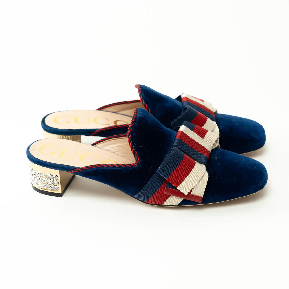 Gucci Blue Velvet Mules with Crystal Embellished Heel Size 38 Coeur Cult Core