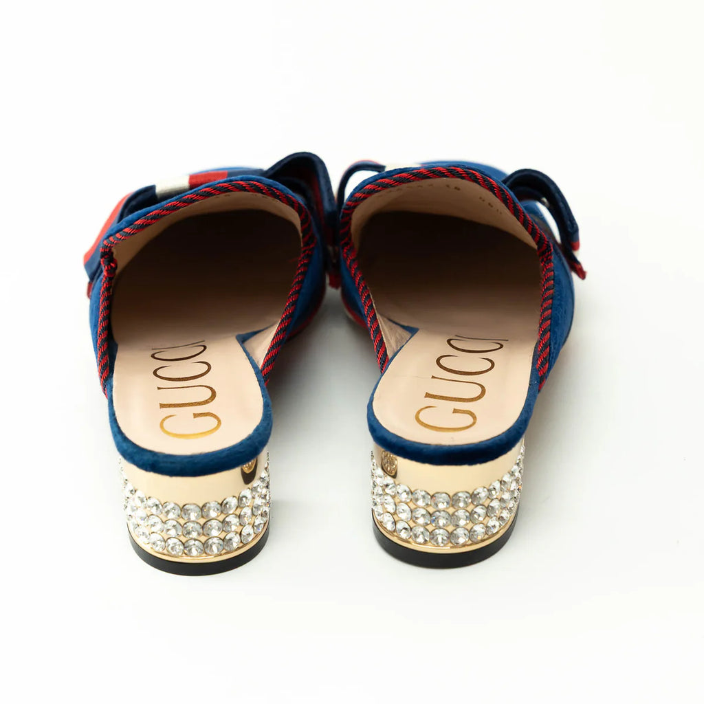 Gucci Blue Velvet Mules with Crystal Embellished Heel Size 38 Coeur Cult Core
