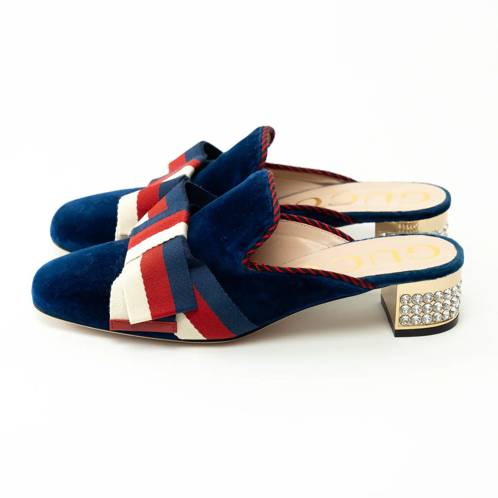 Gucci Blue Velvet Mules with Crystal Embellished Heel Size 38 Coeur Cult Core