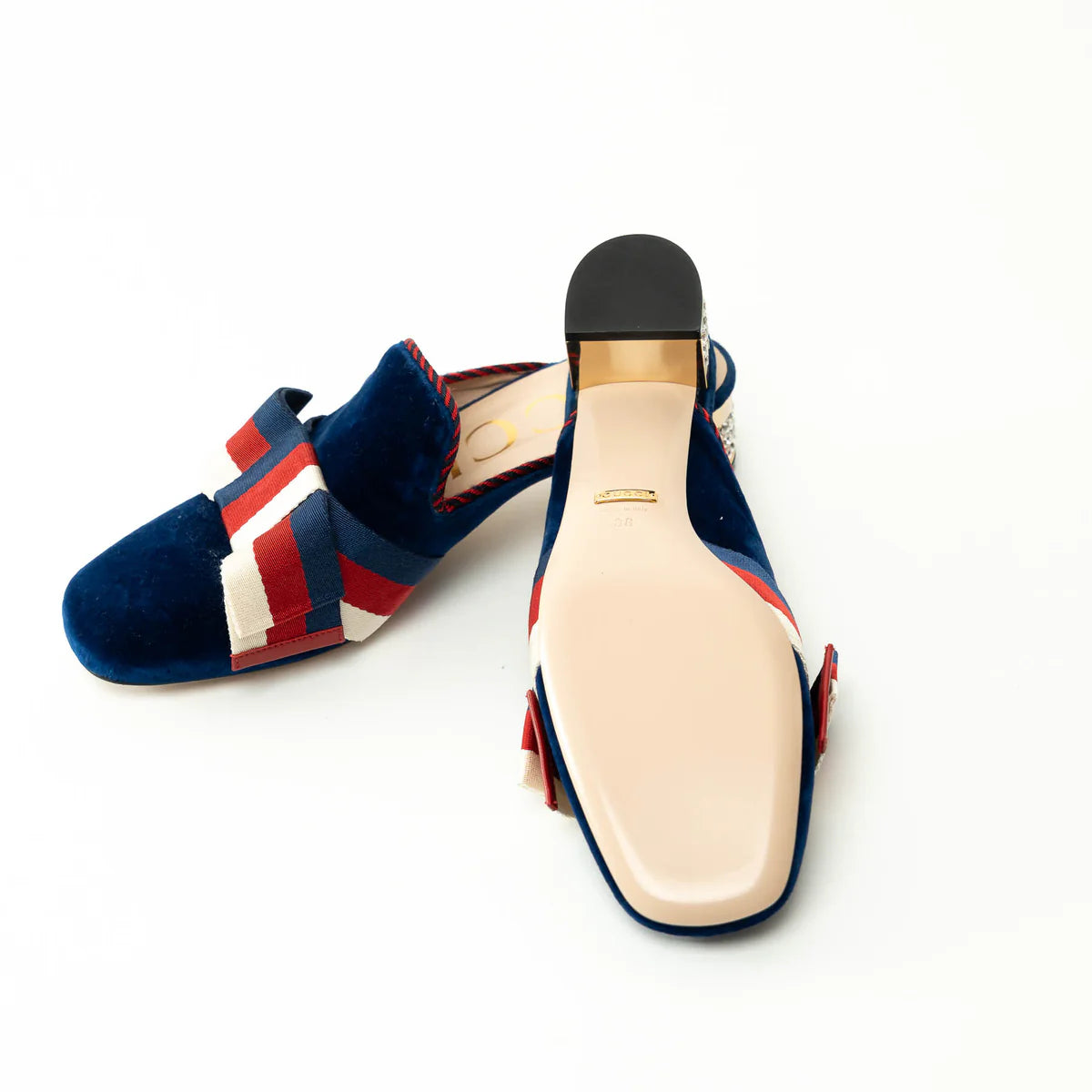 Gucci Blue Velvet Mules with Crystal Embellished Heel Size 38 Coeur Cult Core