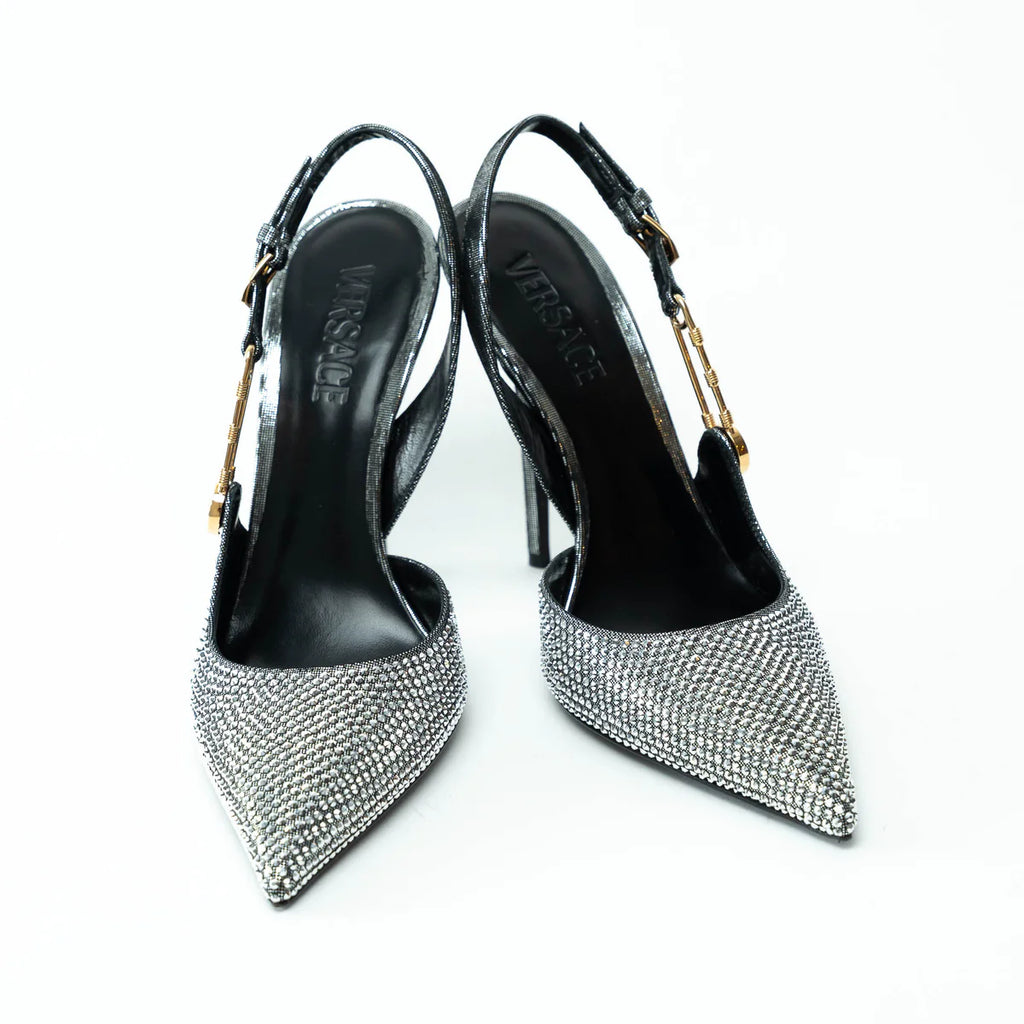 Versace Silver Crystal Embellished Slingback Pumps Size 40 Coeur Cult Core