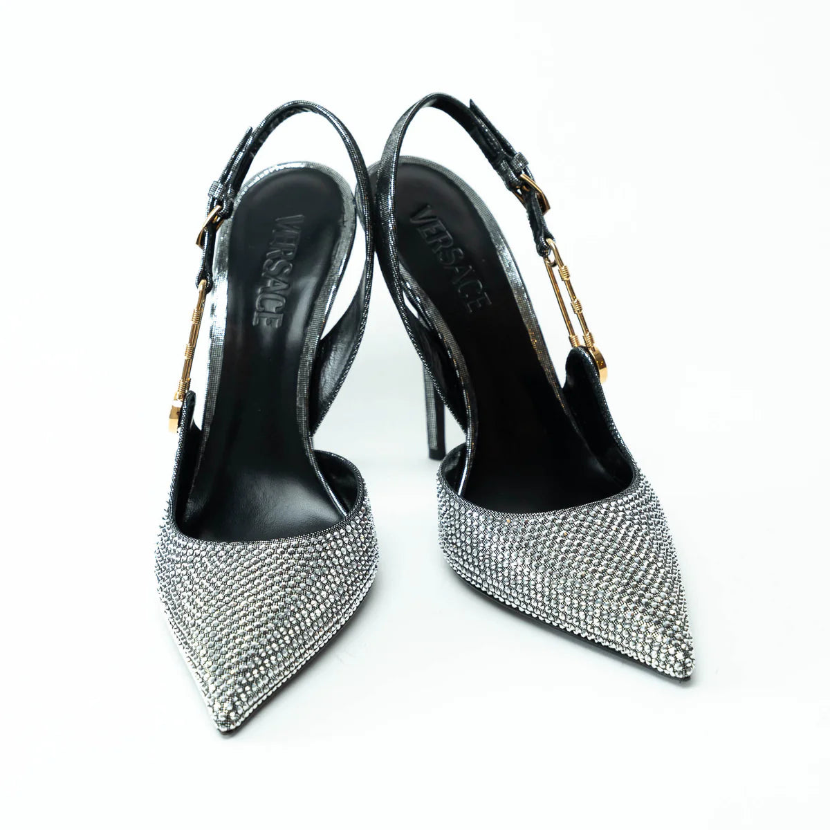 Versace Silver Crystal Embellished Slingback Pumps Size 40 Coeur Cult Core